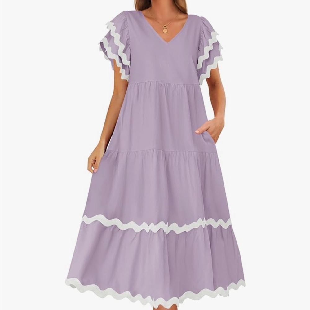❤️EXTRA 50% OFF❗️Bohemian Festival Lavender and White Midi Ruffle Dress